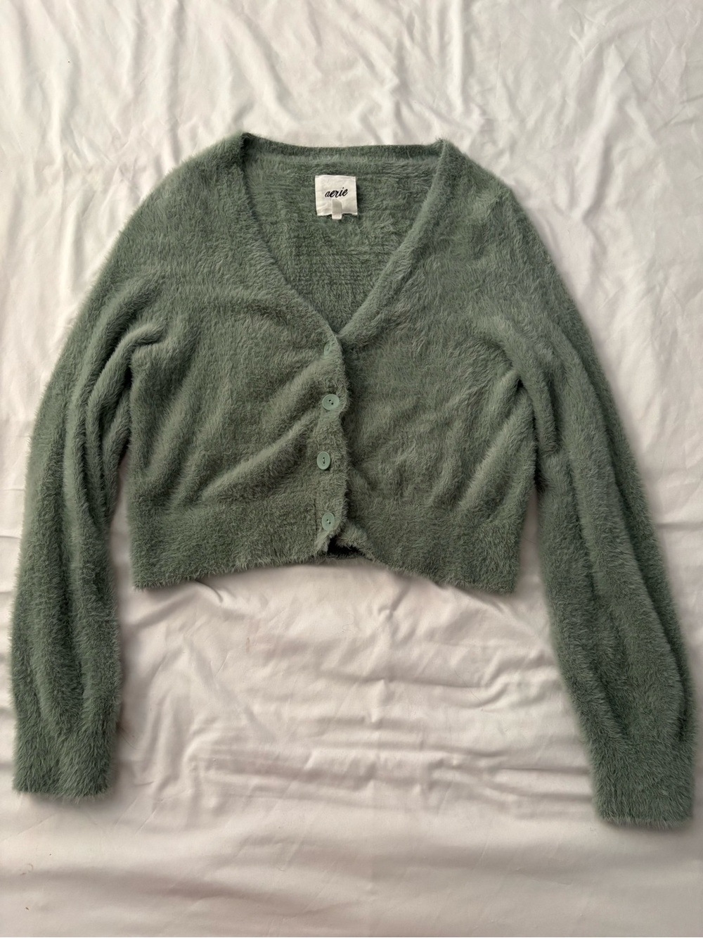 Aerie Sage Green Fuzzy V-Neck Cardigan, Size Medium